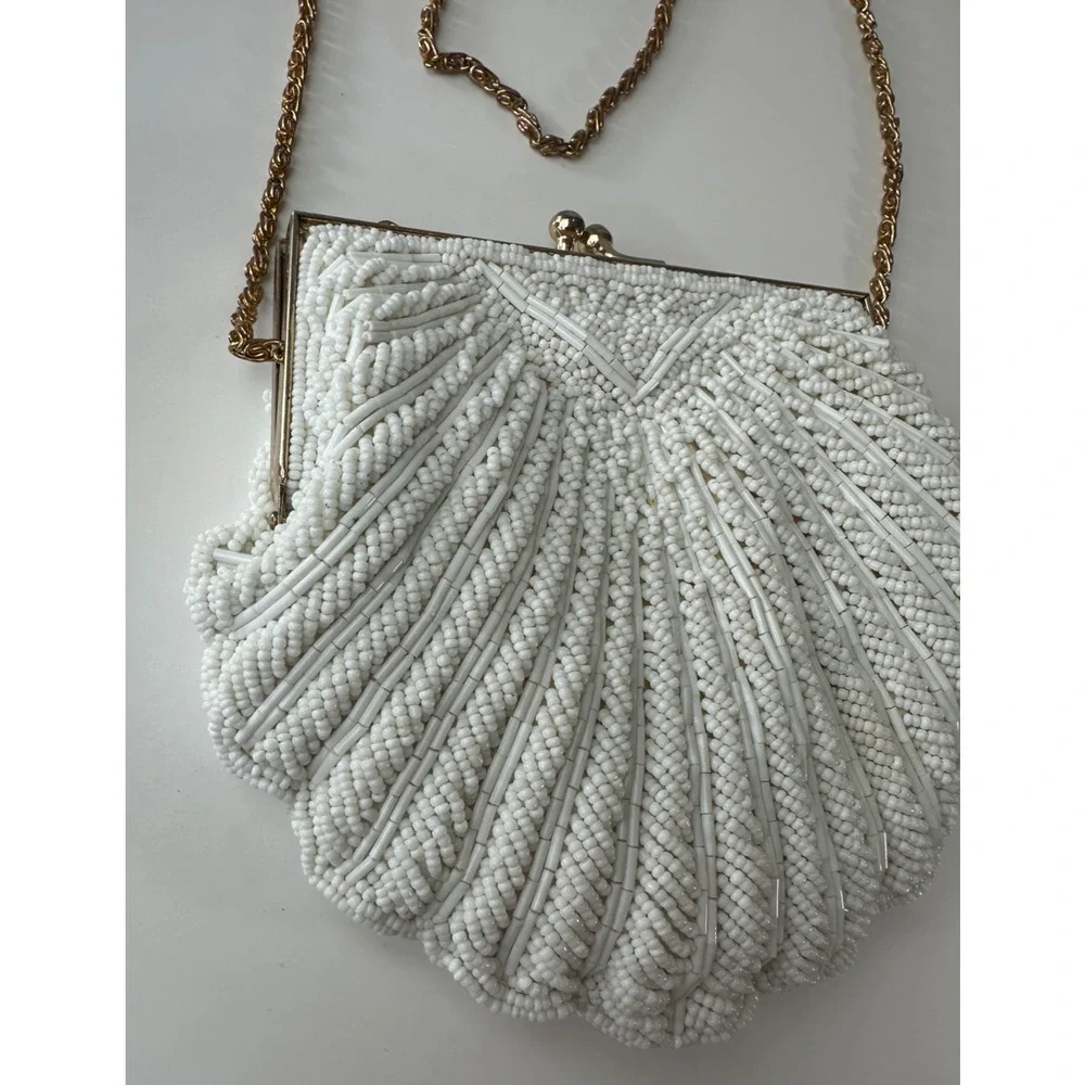 Vintage Walborg Mini Beaded Satin Clamshell Gatsby Purse Gold Color Chain Strap - Picture 5 of 13